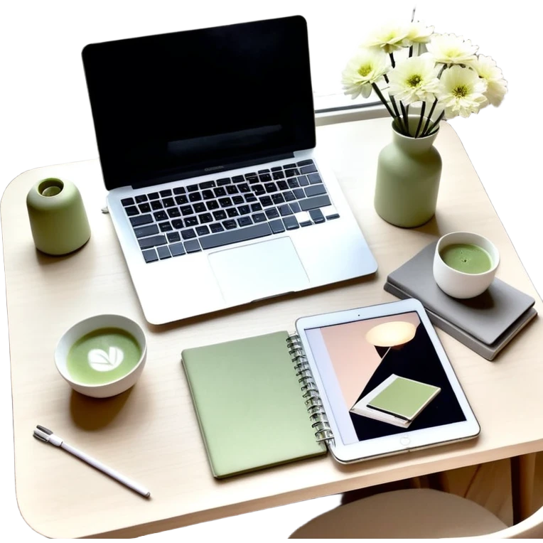 seeing a working from home desk from above with a macbook computer, fashion/interior magazines, flowers in a little vase, louis poulsen portable lamp with a dimmed cozy light and a iced matcha. very scandinavian aesthetic emoji