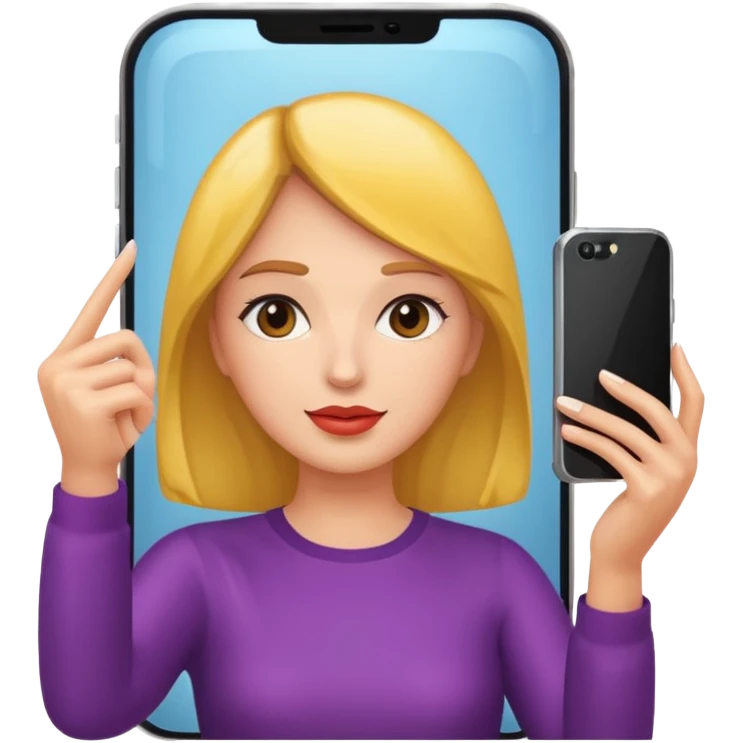 mirror reflection woman holding her phone having selfie emoji