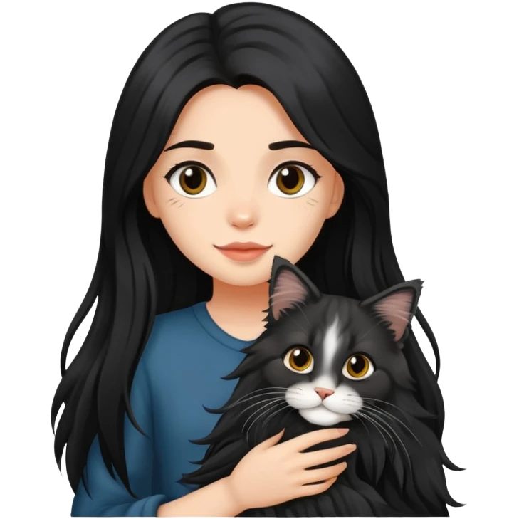 Fair skin beautiful black long hair girl holding maine coon black emoji