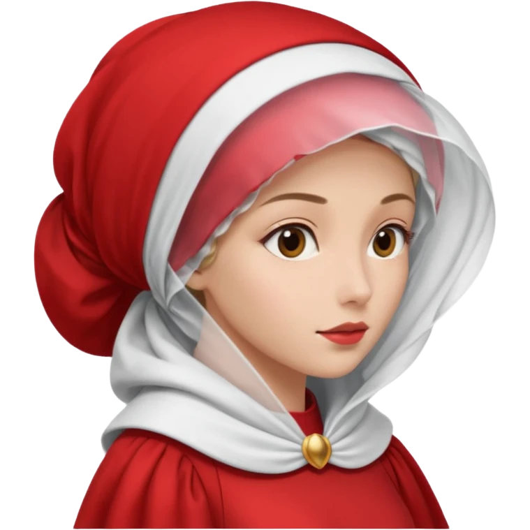mujer de perfil con un vestido rojo de manga y falsas largas y voluptosas, y una toca blanca GRANDE que no se le ve la cara porque la toca la cubre emoji