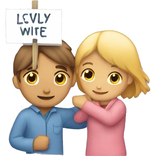 A boy hugging a girl and the girl holding a sign saying lovely wife emoji