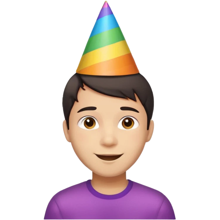 Young man, short hair, rainbow birthday party hat, cheerful expression emoji