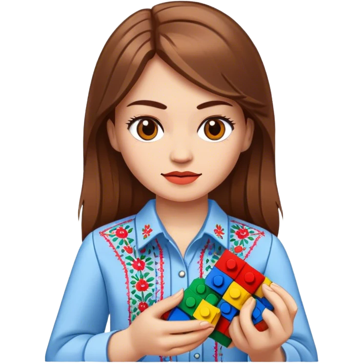 A Ukrainian girl with brown hair in an embroidered shirt holds Lego bricks emoji