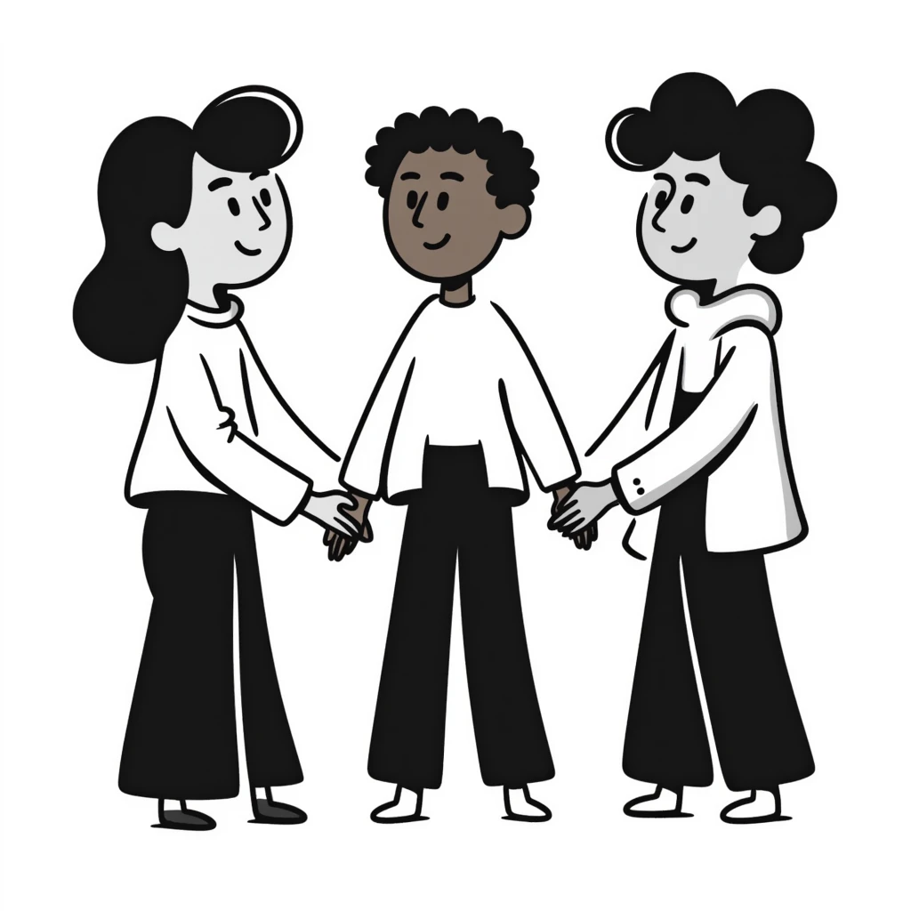 Three diverse people with different skin colors holding hands in solidarity, symbolizing racial integration and unity emoji