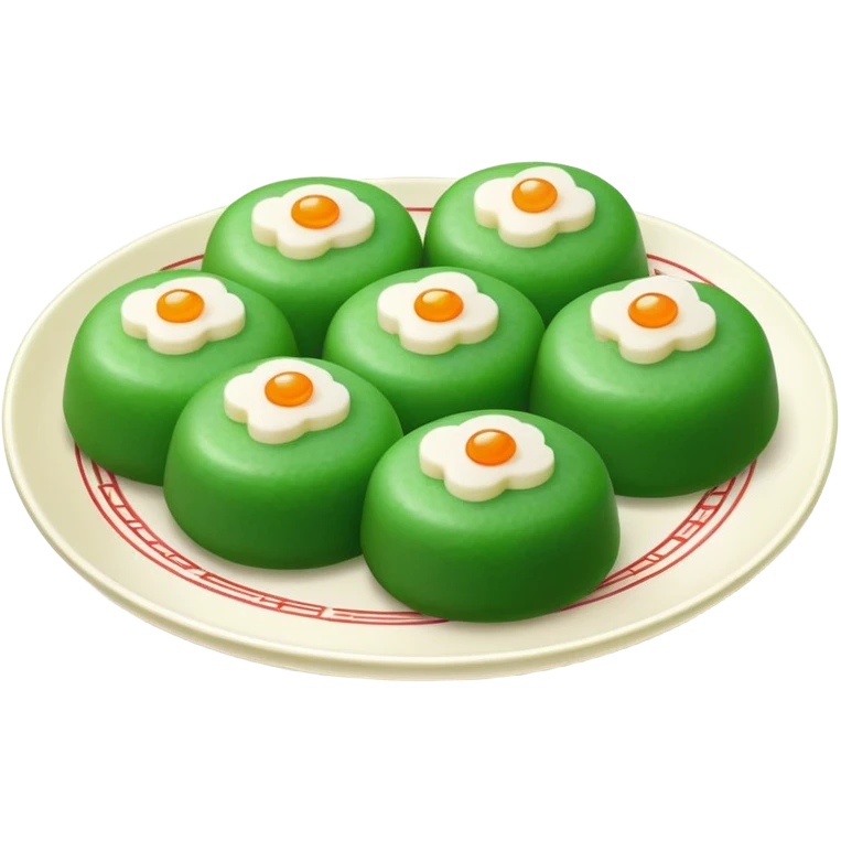 Qingming Festival green rice balls Qingtuan with sweet filling, simplified emoji style with bold outlines and bright colors, cartoon style green mochi-like dessert emoji