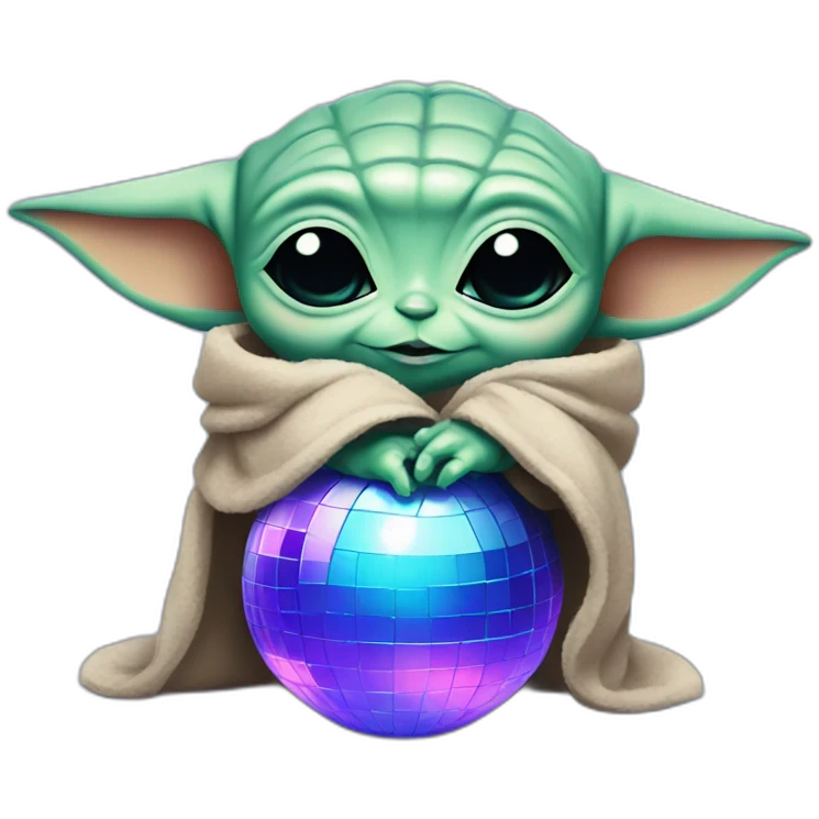 Baby yoda hugging a blue and purple disco ball emoji
