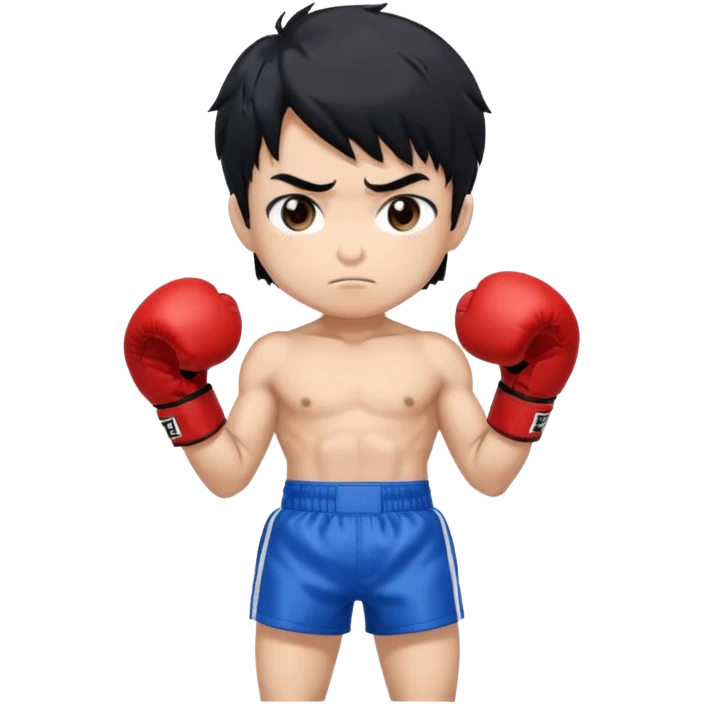 masterpiece, medium short plane, anime style, chibi, inspired by Ippo Makanouchi (Hajime no Ippo), young male boxer, short messy black hair, athletic and compact build, red boxing gloves, blue boxing shorts, big expressive eyes, clean lineart, vertical composition, TikTok avatar style,  emoji