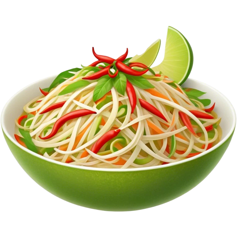 Cinematic Realistic Som Tam (Papaya Salad) Dish Emoji, featuring a spicy, tangy salad of shredded green papaya with chili and lime rendered with crisp textures and bright, lively lighting. emoji
