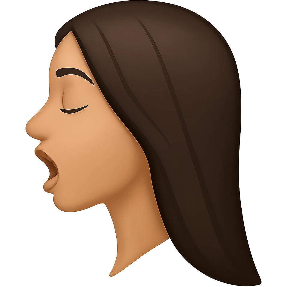 Create a side view (profile) of this woman's head in the normal iPhone emoji style, with closed eyes and an open mouth, smooth shading, no outlines, and long dark hair. Variant 2. The style should replicate the smooth shading and no outlines typical of the iPhone emoji style. emoji