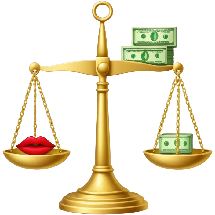 gold scale with green dollar bills on left side and lipstick and nail polish on right side emoji