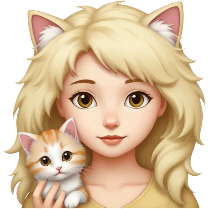 There's a fluffy kitten on a girl's head, its tail wagging gently. emoji