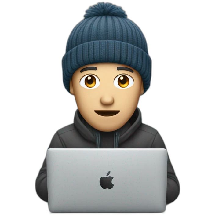 a man with a long jaw, no beard, and beanie hat doing coding on a Mac emoji