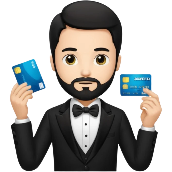 make a genmoji of a boy with a an amex card in hand and wearing a tux, black hair. bearded emoji