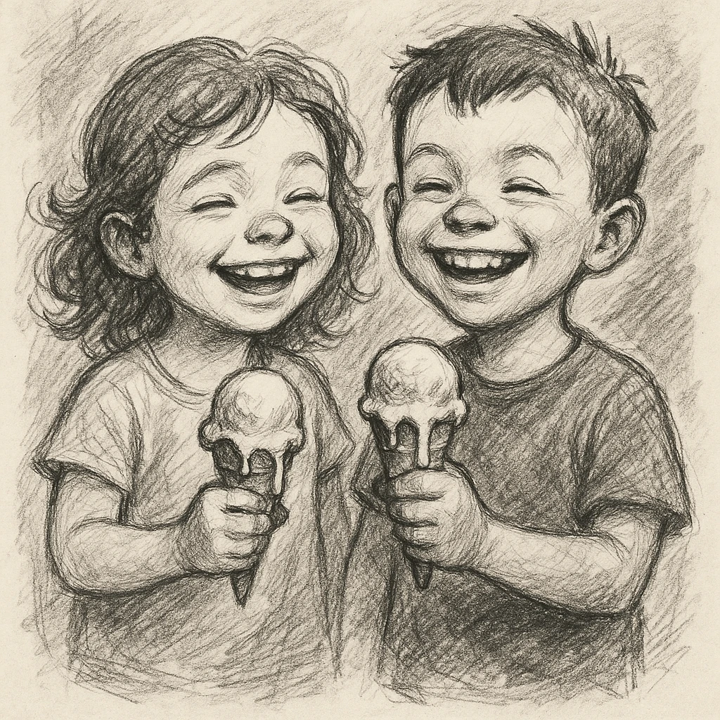 happy children with melting ice cream cones emoji