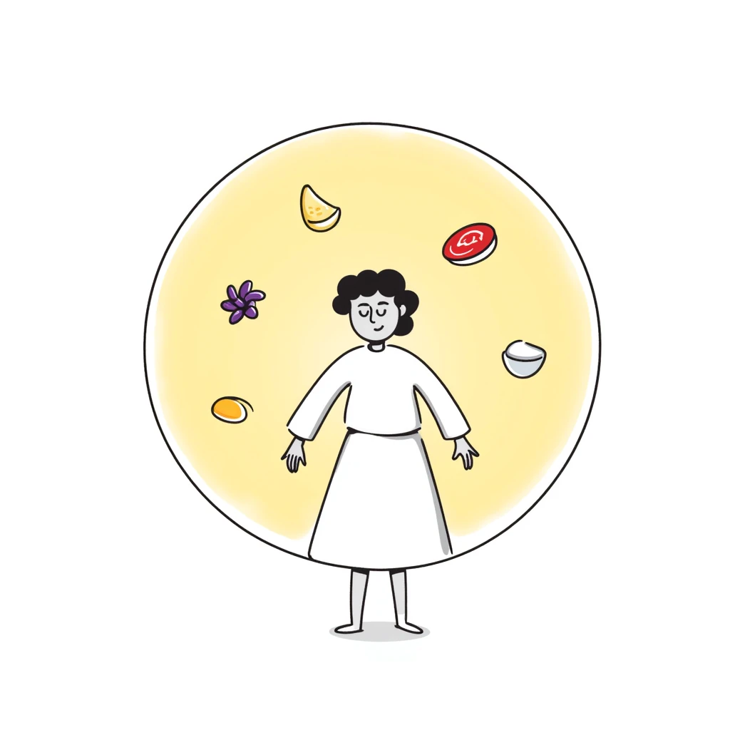 Floating orb of warm light containing mini bright icons: red meat, golden egg, purple beans, translucent tofu block and yogurt glass, slowly rotating around a radiant body figure that radiates strength and balance emoji