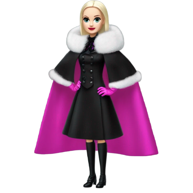 Fucshia ‘n Fur Barbie, Wednesday Addams, cape,veil,funeralwear,showing off, show full body,accessories coat gloves  emoji