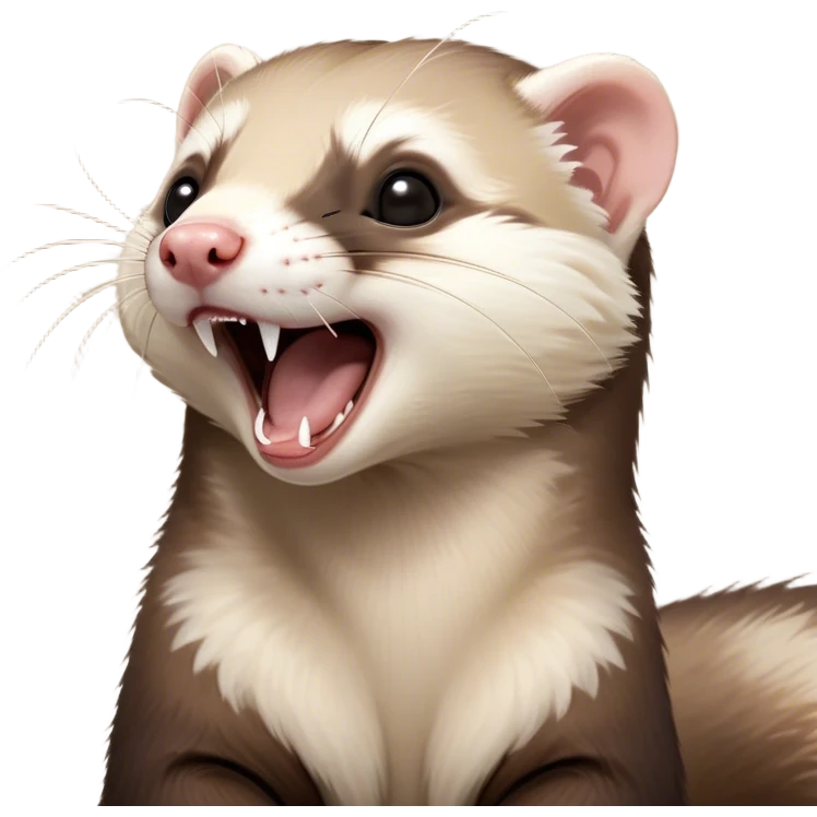 Cinematic Cute Yawning sable ferret Portrait Emoji, Head tilted slightly with an exaggerated, wide-open yawn, showcasing a long, flexible body with a plush fur in soft brown and cream, droopy, drowsy eyes, and a relaxed expression, Simplified yet irresistibly endearing features, highly detailed, glowing with a soft, cozy natural glow, high shine, relaxed yet expressive, stylized with a dash of whimsical charm, soft glowing outline, capturing the essence of a sleepy yet affectionate sable ferret that seems ready to curl up for a nap! emoji