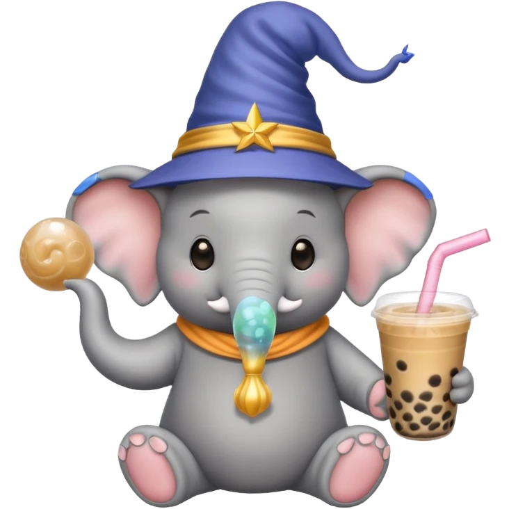 elephant with wizard hat and bubble tea, happy emoji