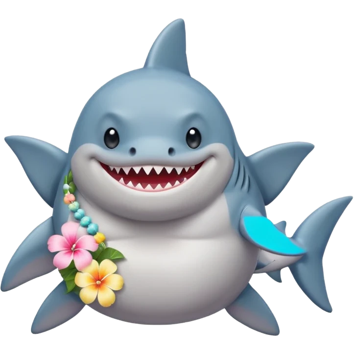 A cute chubby shark with hawaii pastel flower necklace, posing proudly. emoji
