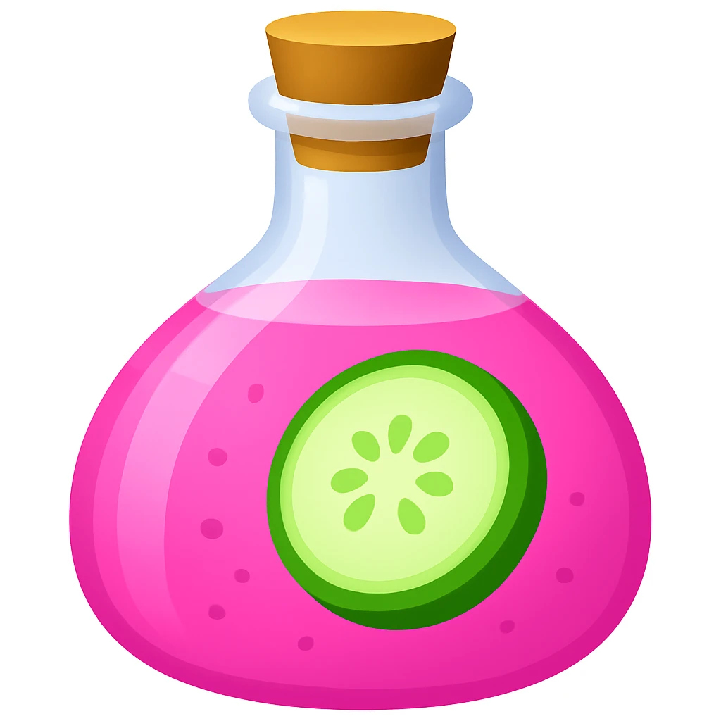 Create a pink potion in the same bottle shape as the reference image, with a cucumber slice inside, in emoji style. emoji