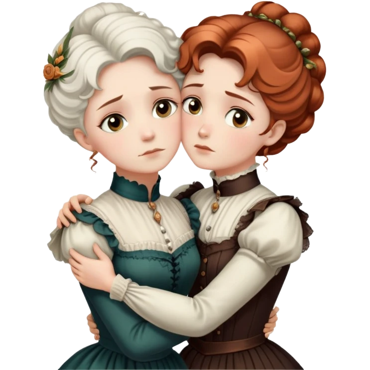 Two Victorian women with light eyes in a sad intimate hug, one with white coiffed hair and one with copper coiffed hair, wearing Victorian high-neck dresses, embracing tightly emoji