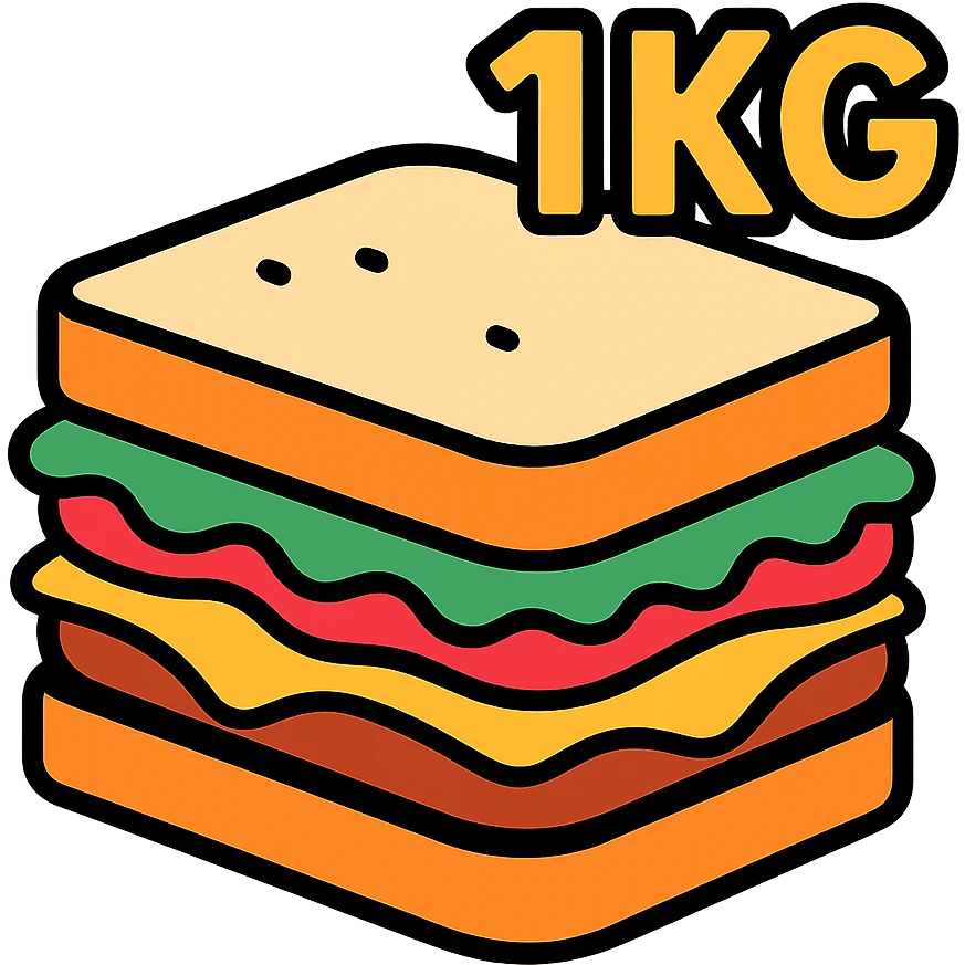 big sandwich with '1kg' label in a playful, comic book font emoji