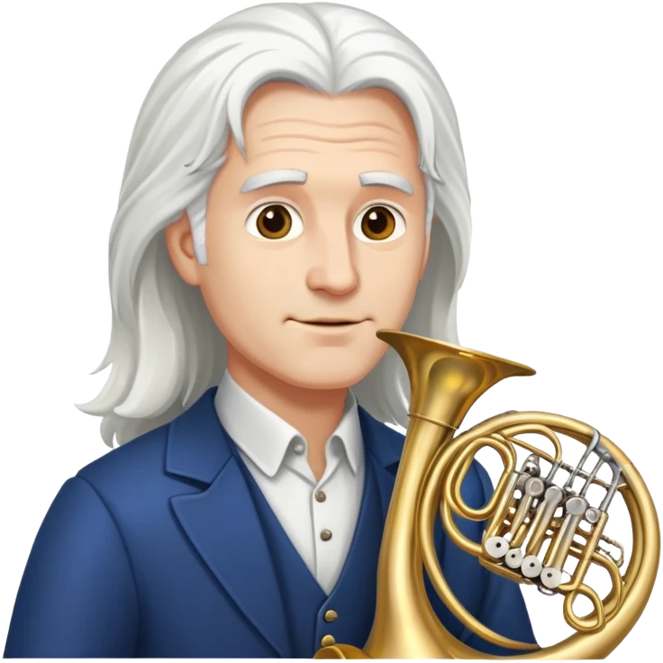 White hair guy with long hair and French horn emoji