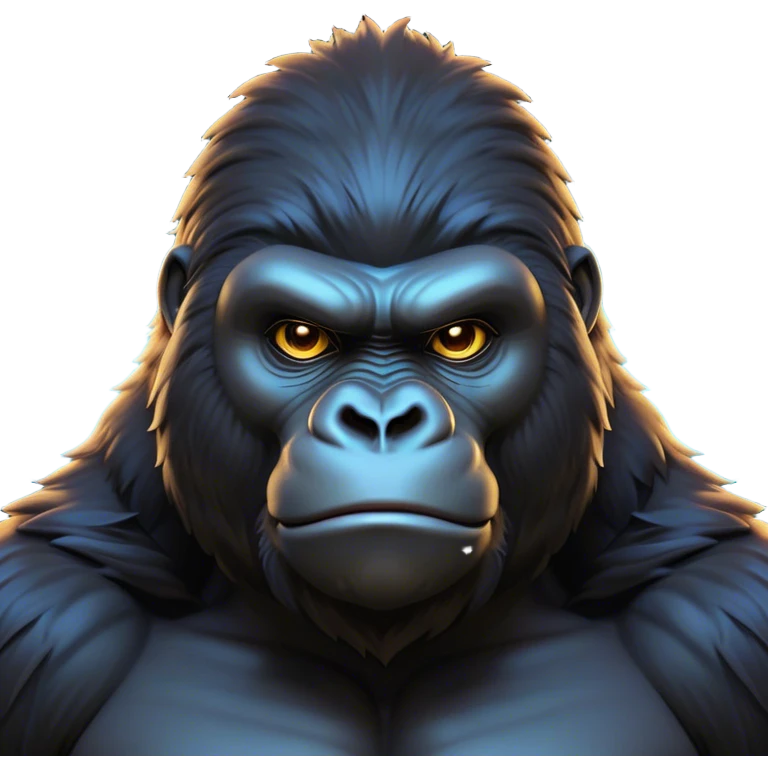 Cinematic Noble Gorilla Portrait Emoji, Poised and commanding, with a massive, muscular build cloaked in dense, rich fur and deep, soulful eyes, Simplified yet sharp and sophisticated features, highly detailed, glowing with a soft, dignified jungle glow, high shine, intelligent and formidable, stylized with an air of primate majesty, focused and authoritative, soft glowing outline, capturing the essence of a watchful guardian that feels as though it could step out of the screen with effortless authority! emoji