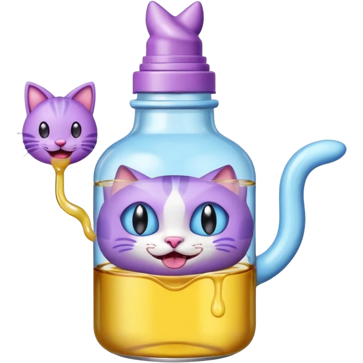 Smiling bottle of oil light purple top and light blue sticking tongue out and with cat ears emoji