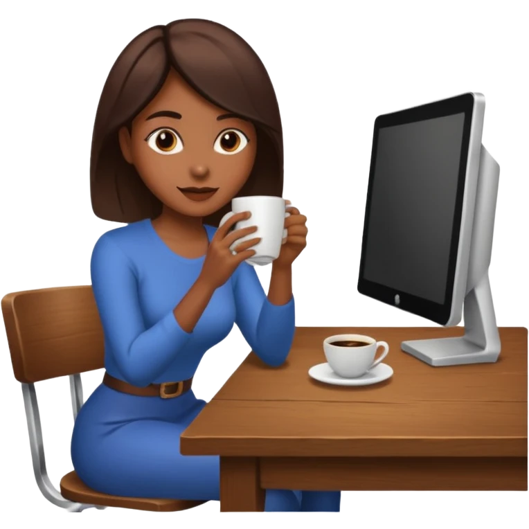 mujer tomando cafe y con un computador sentada en una mesa  emoji