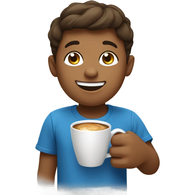 smiling boy in blue shirt with coffee and croissant  emoji