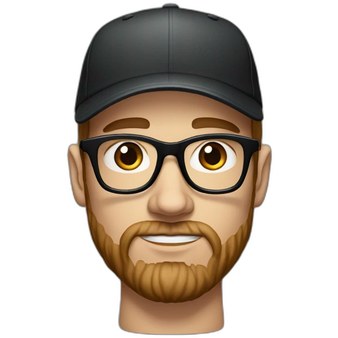 White man with brown hair and a brown beard, has thick eyebrows is wearing black sight glasses. Big nose. Small brown eyes. Wearing a Nike cap. Serious expression emoji