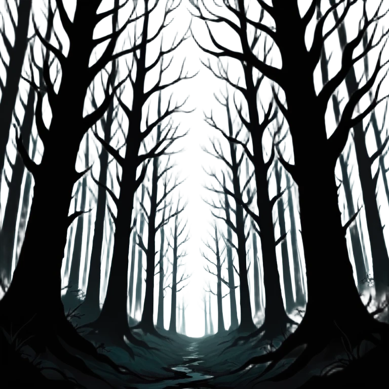 dark forest scene, the entire world covered in darkness. The sky is deep black with no stars or light, no moon, no glow just total void and silence. The atmosphere feels ominous and unsettling, as if darkness has swallowed everything. No characters, no visible light sources emoji