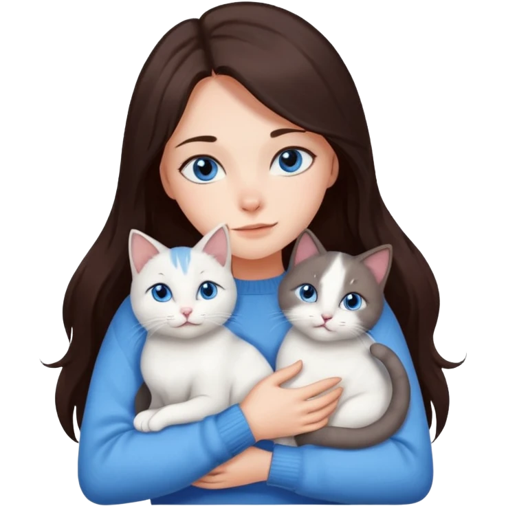 a girl with long dark 
brown hair, with blue eyes, in a
white sweater, hugs 3 different natural coloured cats emoji