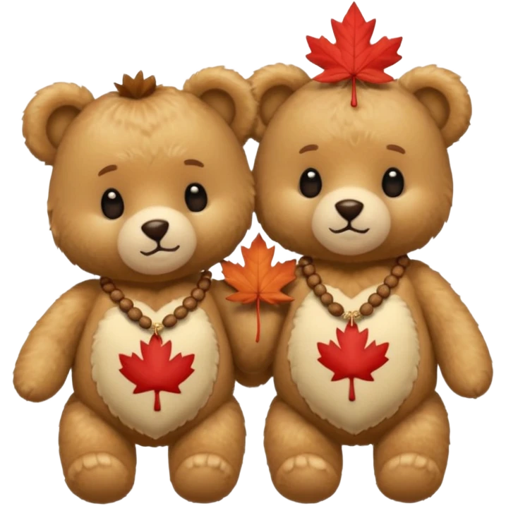 2 fluffy Teddy bears in love. One has an acorn necklace and the other has a maple leaf necklace  emoji