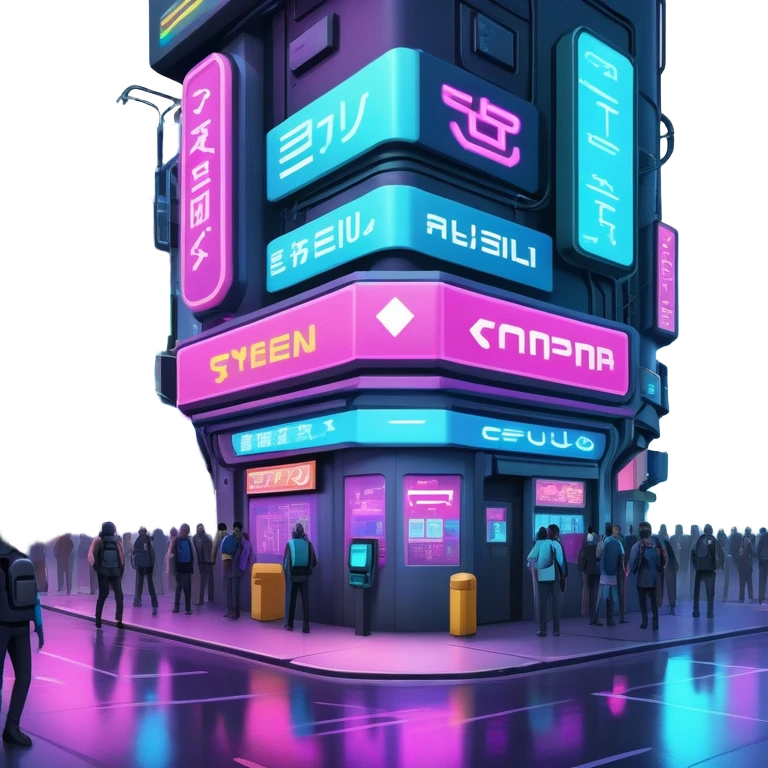Cyberpunk street corner with neon blinking signage and holographic advertisements emoji