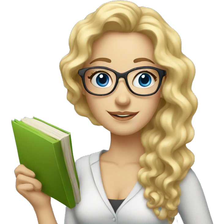 Woman teacher blonde long curly hair glasses blue eyes with book emoji