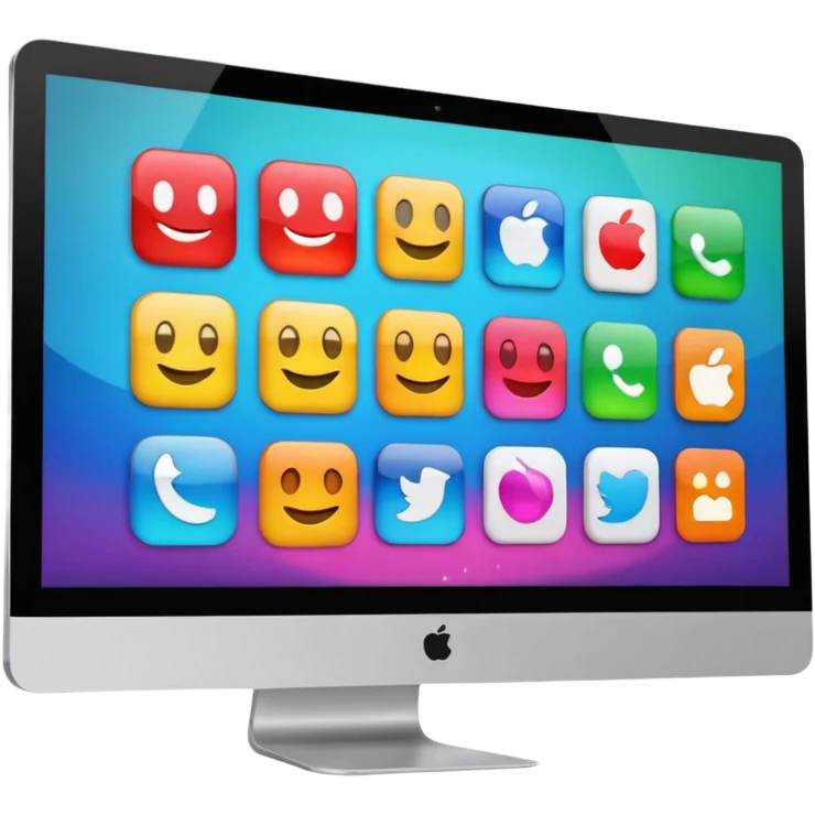 Emoji style simplified iMac screen displaying app icons in grid emoji