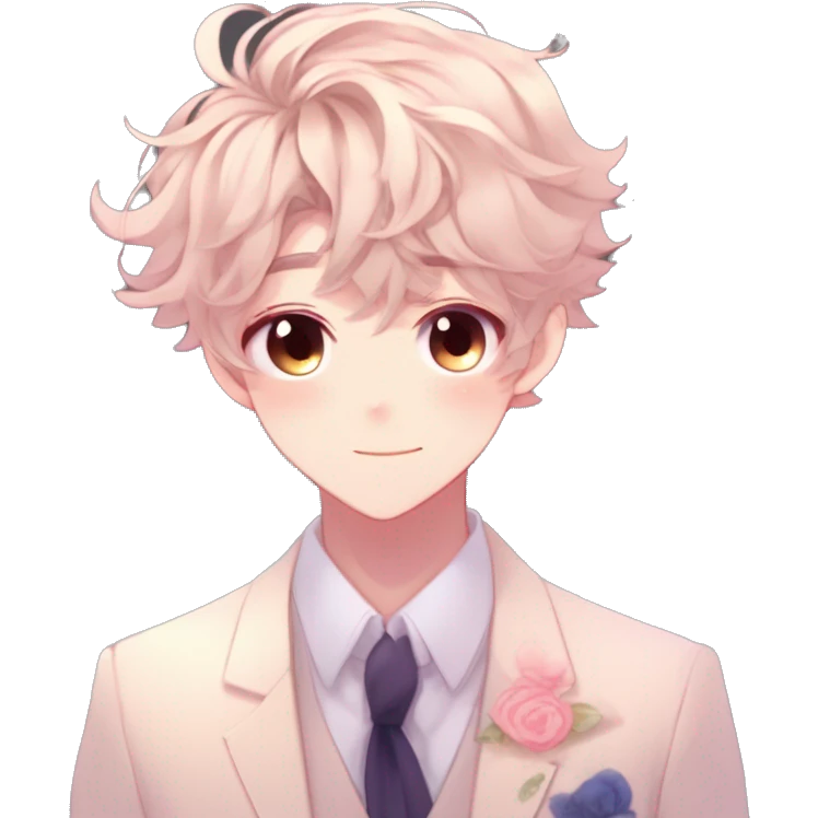 Gorgeous romantic hot attractive anime style formal modern gentlemanly anime shojo guy with pretty hair and flower petals and blushing face aesthetic trending style with colorful gradient colors  pastelcore cottagecore kawaiicore emoji