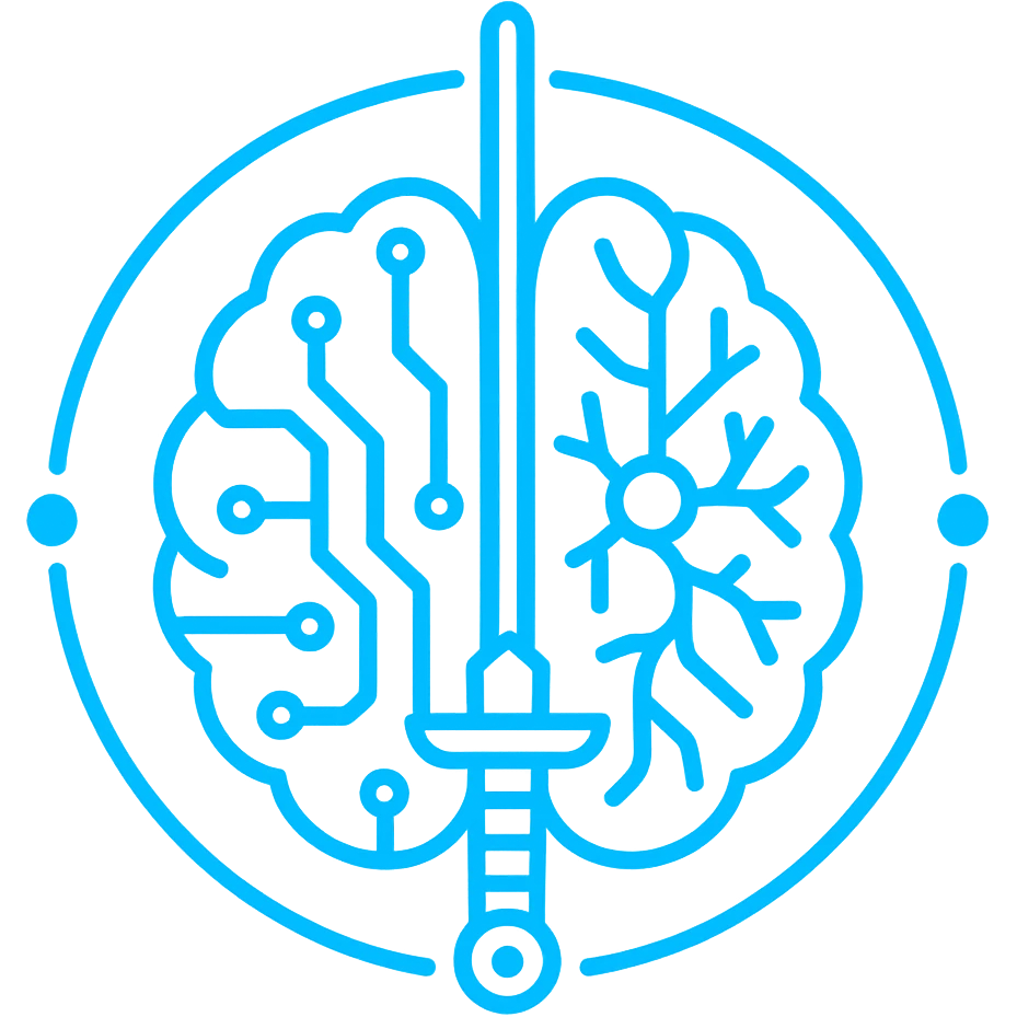digital seal of a symmetrical brain cut by an energy blade, circuits and neurons in hemispheres, outer circle with three points, flat, monochromatic neon blue, visual of intelligence and technology emoji