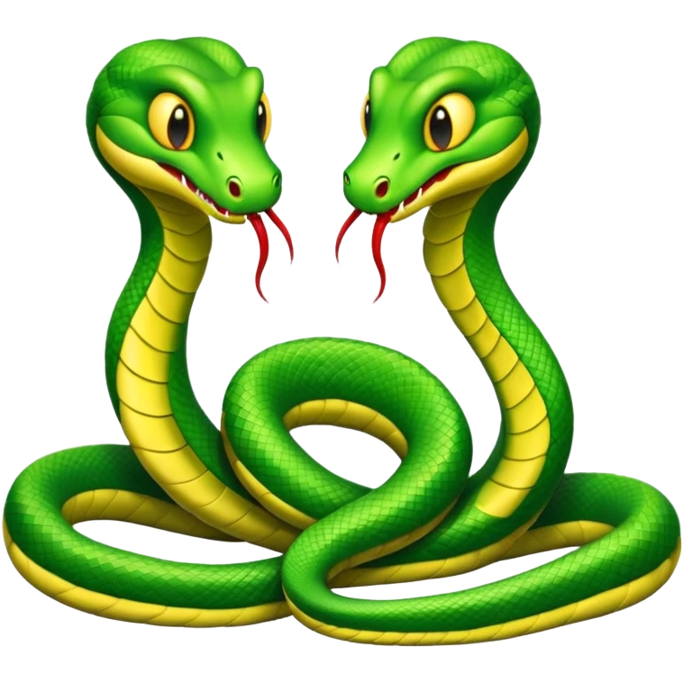 Two green snakes tangled at their tails, facing each other and hissing emoji