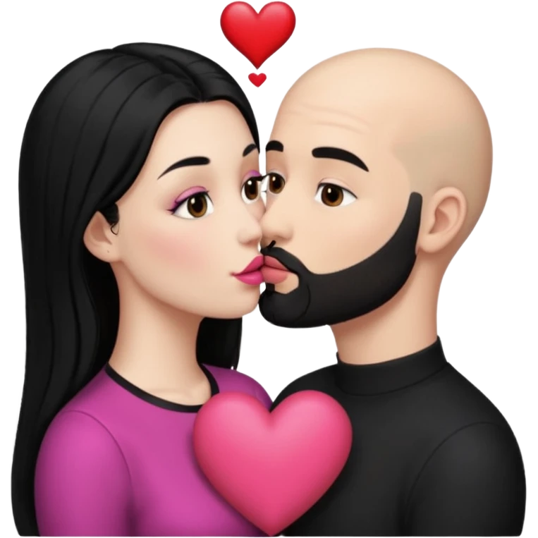👩🏻‍❤️‍💋‍👨🏻 this one but the man should be bald. white woman with long black hair and white bald young man whoitiut hair and a heart between their heads. she has pink lips and both have brown eyes. he has e full beard but short. both wear black. they kiss slowly emoji