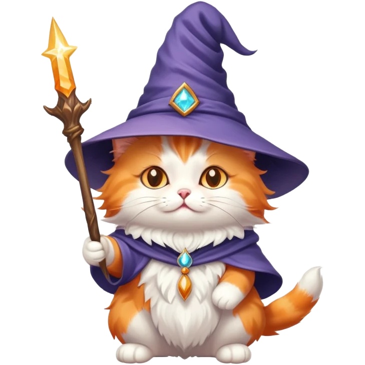 A cute cat with a pointy wizard hat and magic wand casting a spell emoji