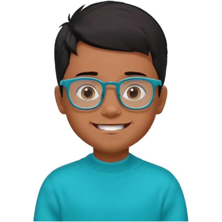 Chico de 7 años, pelo negro y repeinado pero con volumen hacia arriba, piel marrón, gafas cuadradas azules, sonriente y sin 1 diente, jersey verde turquesa y ojos muy rasgados, Y NADA redondeados, NO REDONDOOOOOOOOOOO ESO 0 emoji