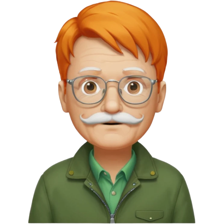 old man, orange hair, white mustache, wearing glasses, wearing a green jacket emoji