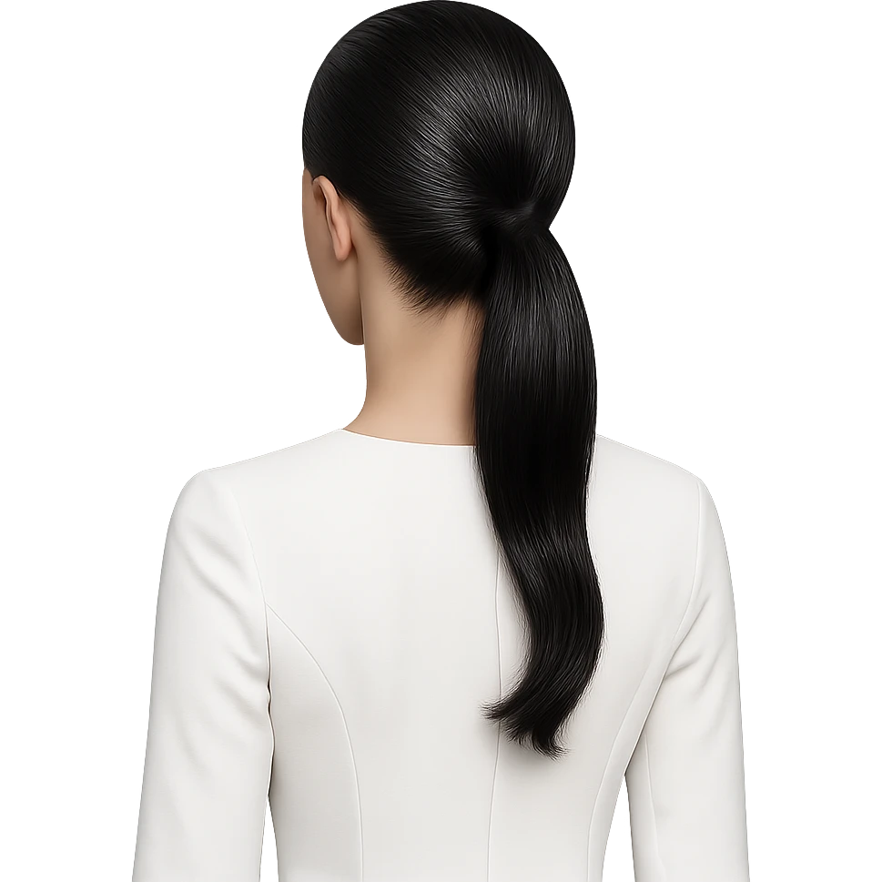 black sleek ponytail hairstyle, no head, white dress with sleeves, minimal and clean design emoji