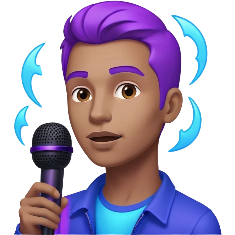 man speaking into a microphone, with neon glow effect, blue neon glow on top left, purple neon glow on bottom right emoji