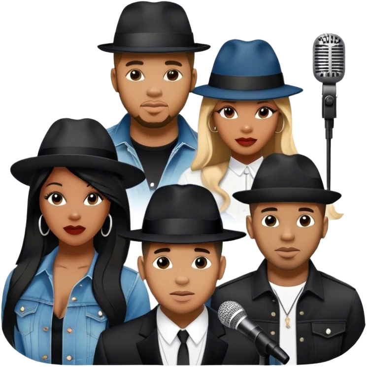 Icon for R&B Music: collage of R&B artists—Victoria Monét, Summer Walker, Usher, Chris Brown, and Muni Long. Each represented by a silhouette or symbolic item like a microphone, fedora, or music notes, reflecting the soul and energy of R&B. Transparent background. emoji