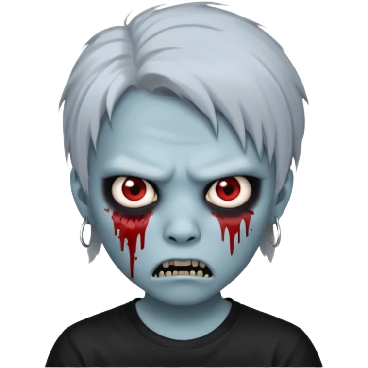 Create a 3D emoji-style avatar with very pale blue-grey zombie skin like the reference image, a young Asian face, and large eyes with blood tears. Give it white mullet hair style , silver hoop earrings, and a plain black T-shirt. The face expression should be slightly angry, with vampire fang  emoji