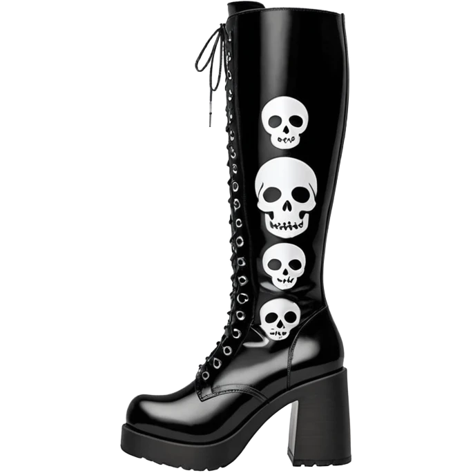 Hyperrealism, rendering, isolated, ultra detailed, vegan patent leather mid calf Demonia Muerto boots emoji